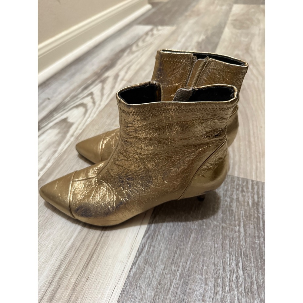 Rebecca Minkoff Gold Metallic Pointed Toe Kitten Heel Ankle Boots Size 6.5 - Picture 4 of 10